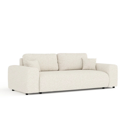 Modern 3-Seater Cream Boucle Sofa, white background, angled view.