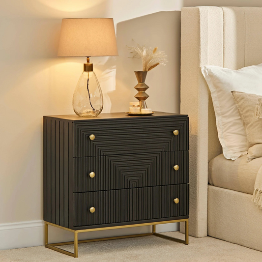 Modern Aztec Black Bedroom Drawers, angled view in a modern bedroom.