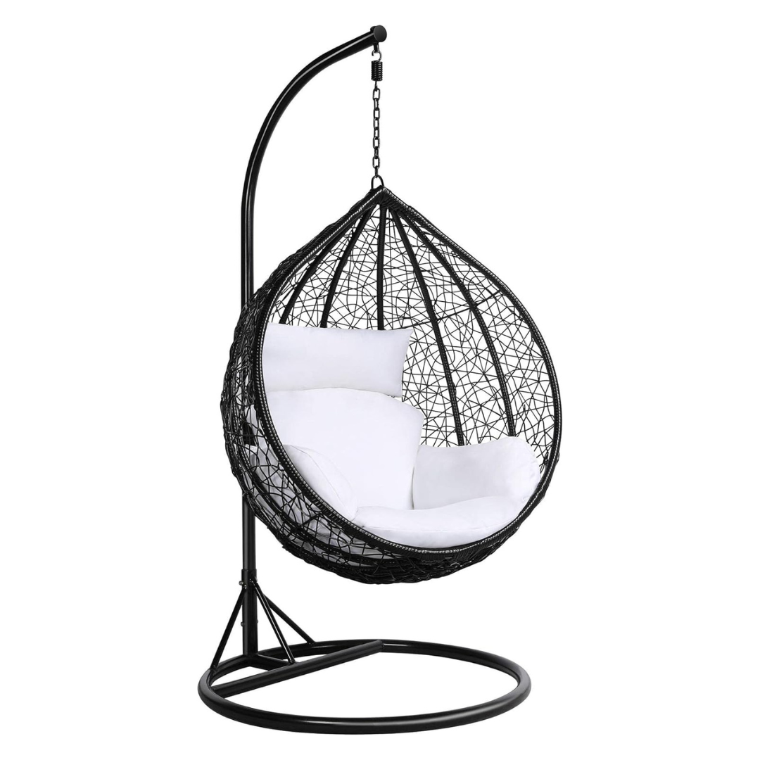 Modern Black Hanging Egg Chair With Stand, white background.