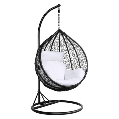 Modern Black Hanging Egg Chair With Stand, white background.