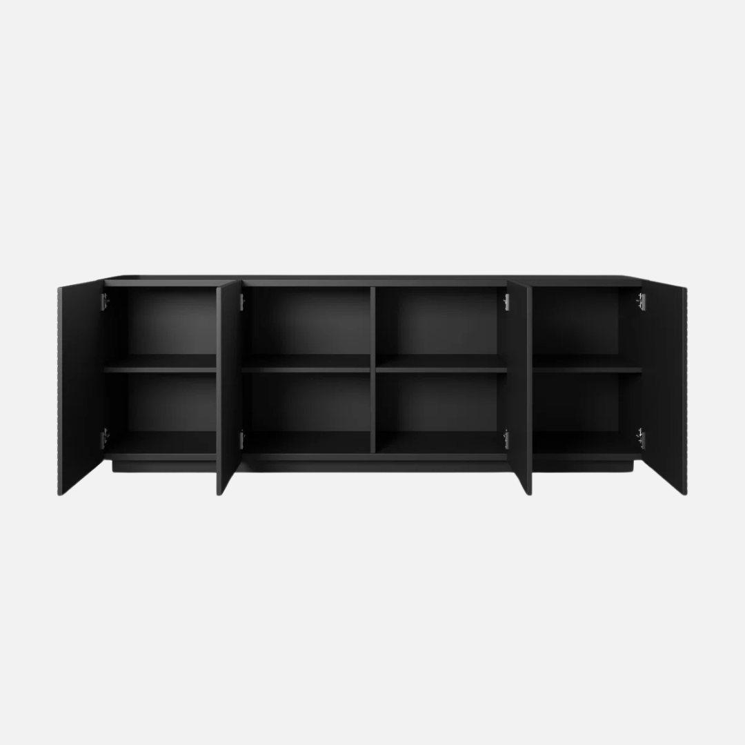 Modern Black Sideboard Cabinet, grey background, with all doors open.