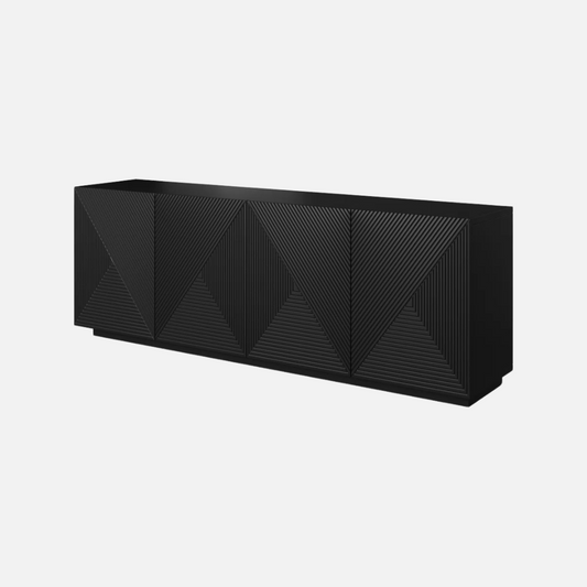 Modern Black Sideboard Cabinet, grey background, angled view.