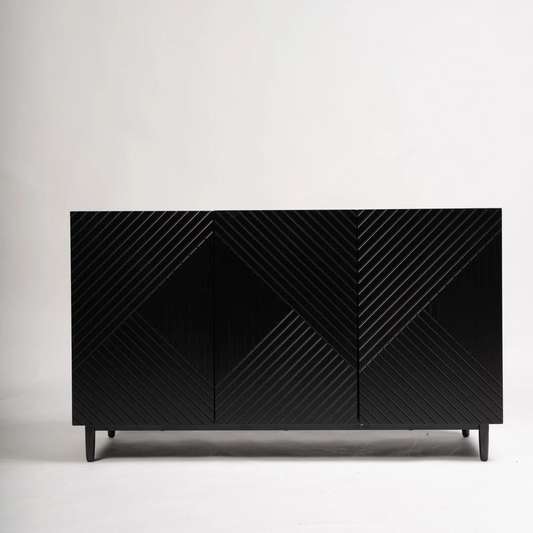Modern Black Wood Sideboard, front view in a studio background.