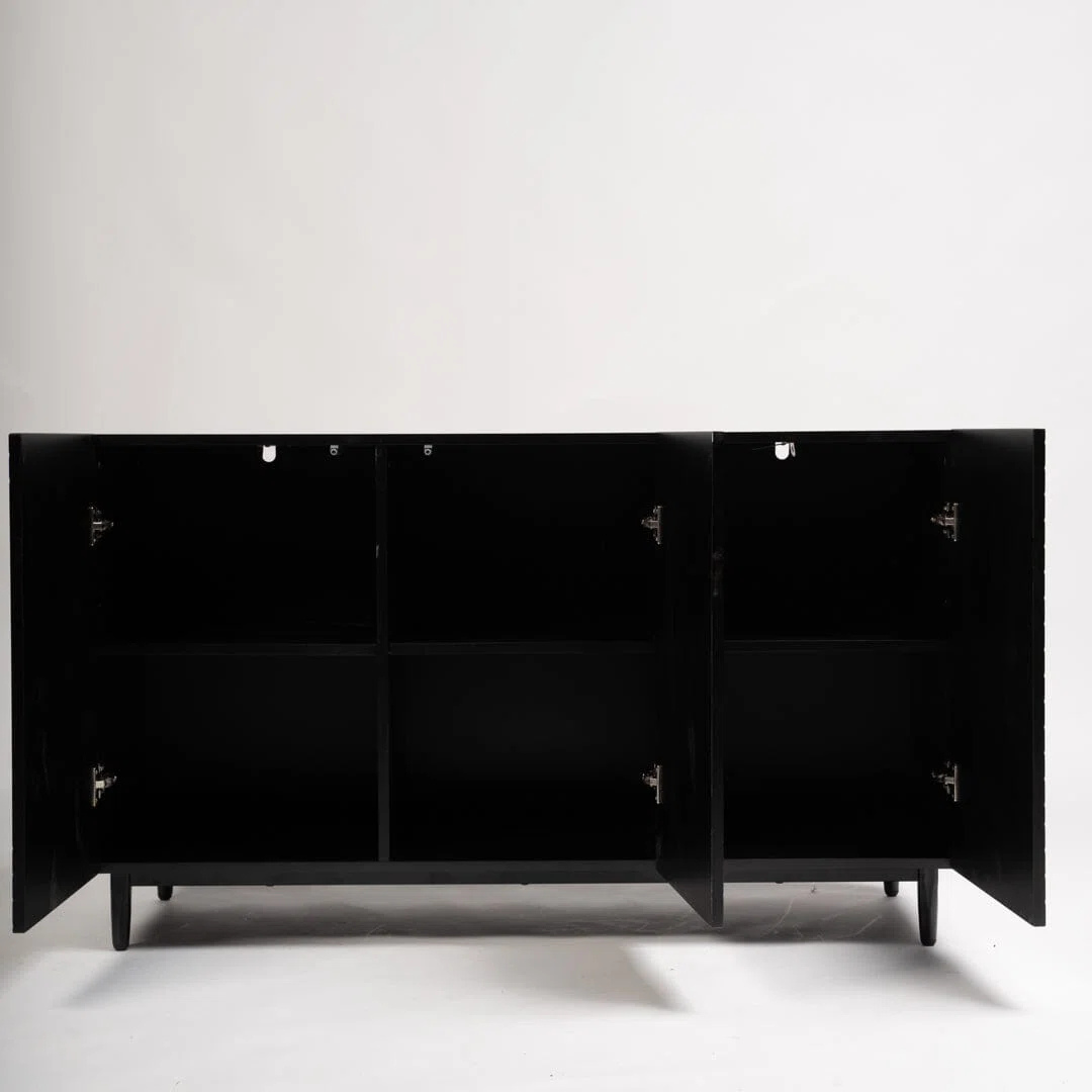 Modern Black Wood Sideboard, studio background, with doors open to show storage.