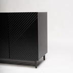 Modern Black Wood Sideboard, close up of geometric design.