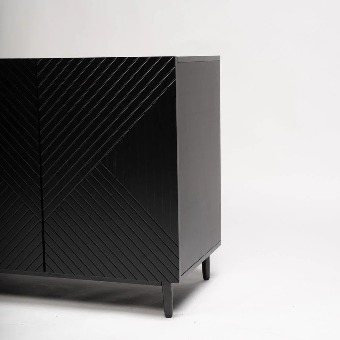 Modern Black Wood Sideboard, close up of geometric design.