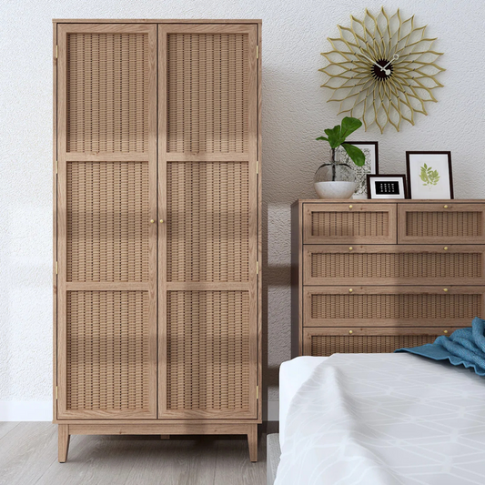 Wooden wardrobe and dresser in a bedroom setting with decorative elements.