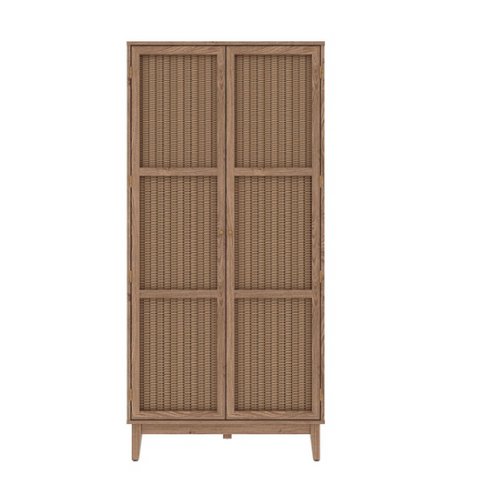 Wooden cabinet with wicker doors on a white background
