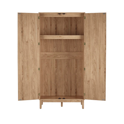 Wooden wardrobe with open doors on a white background