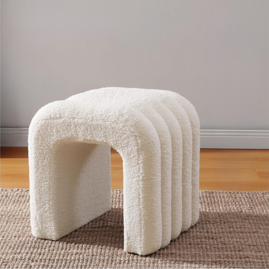Modern Boucle Ottoman Stool, set in a model home.
