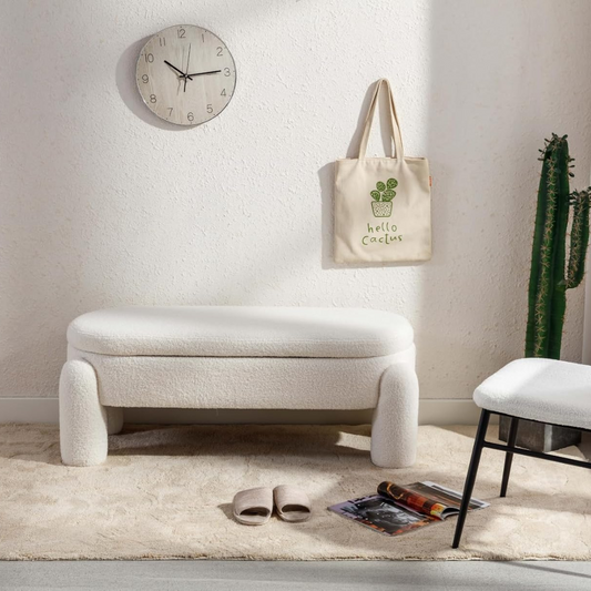 Modern Boucle White Ottoman With Storage, set in a model home.
