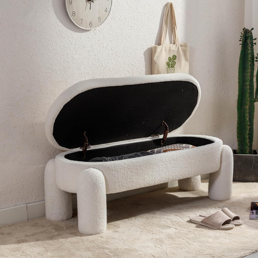 Modern Boucle White Ottoman With Storage, set in a modern home with storage open.