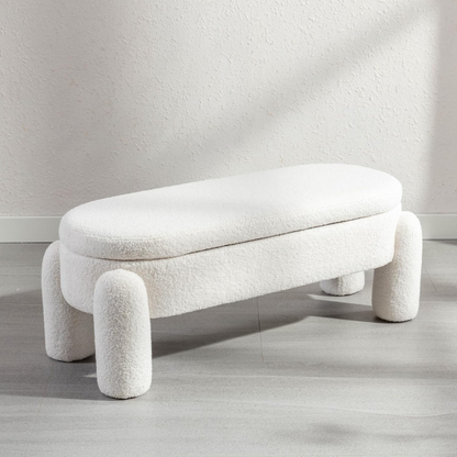 Modern Boucle White Ottoman With Storage, set in a modern home, angled view.