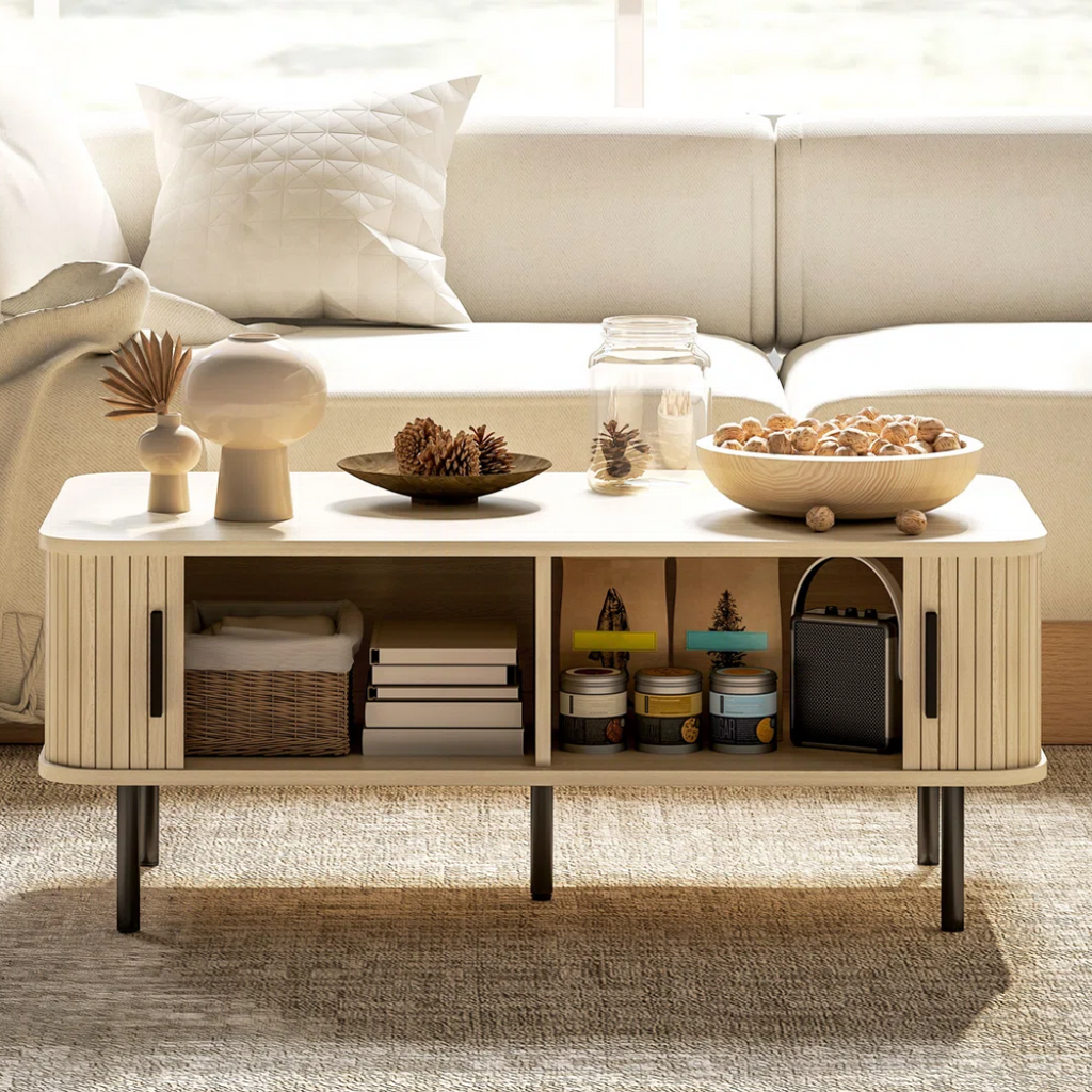 Modern Cream And Wood Coffee Table With Storage