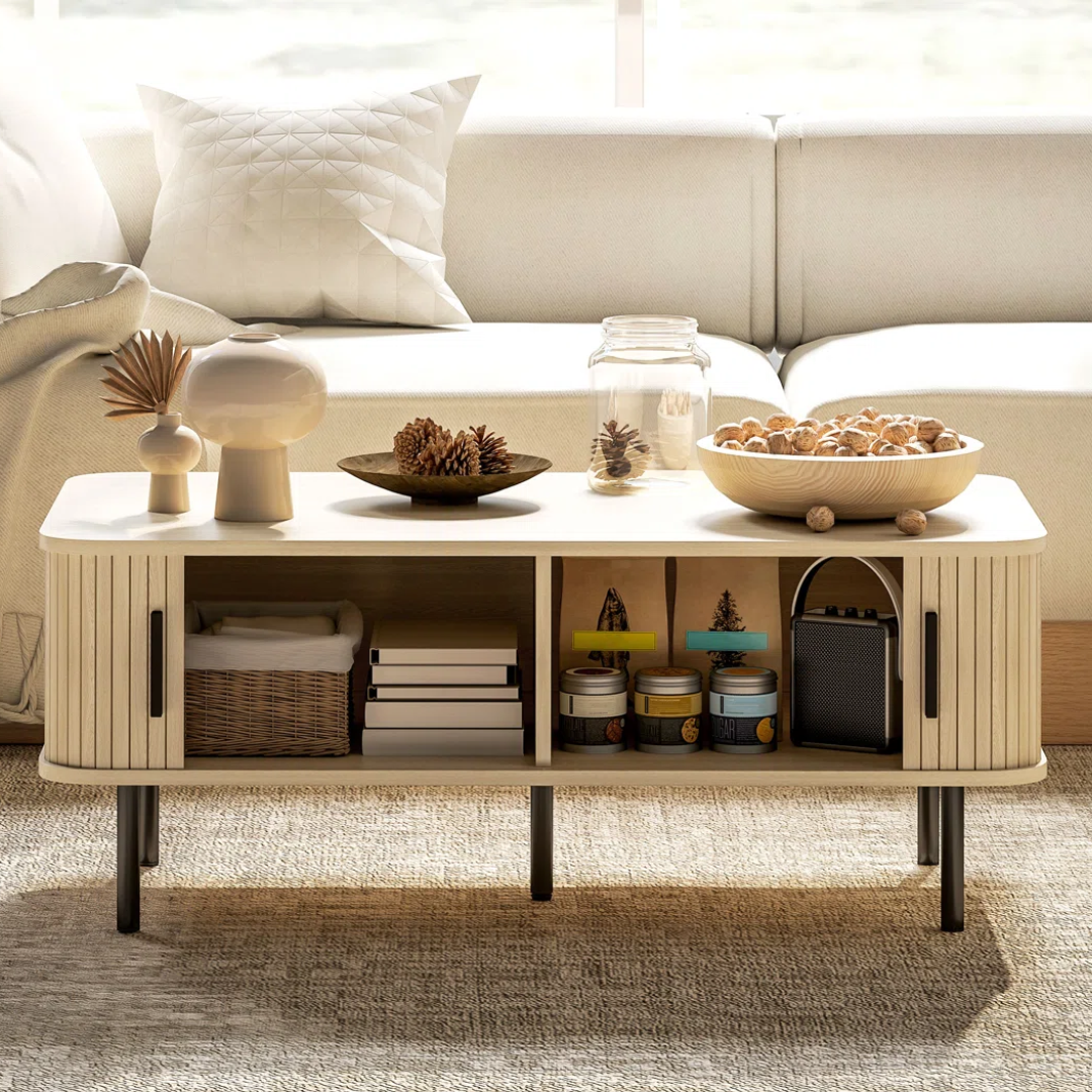 Modern Cream And Wood Coffee Table With Storage