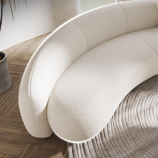 Modern Curved White Boucle Sofa, close up of boucle design.