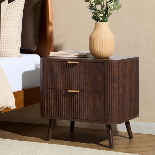 Modern Dark Walnut Bedside Table - 2 Drawer