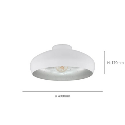 White ceiling light fixture with dimensions on a white background