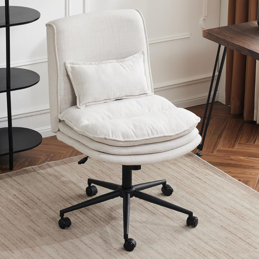 modern ergonomic armless office chair with cushioned seat, white chair in a modern office.
