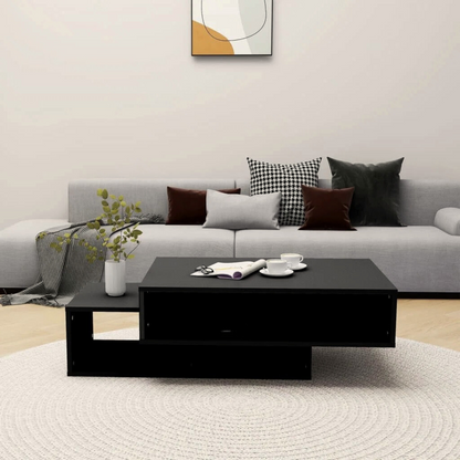 Modern geometric rectangle wood coffee table with open shelves, in a modern home.