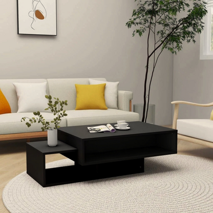 Modern geometric rectangle wood coffee table with open shelves, in a modern home with angled view of coffee table.