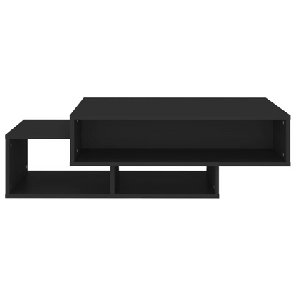 Modern geometric rectangle wood coffee table with open shelves, white background.