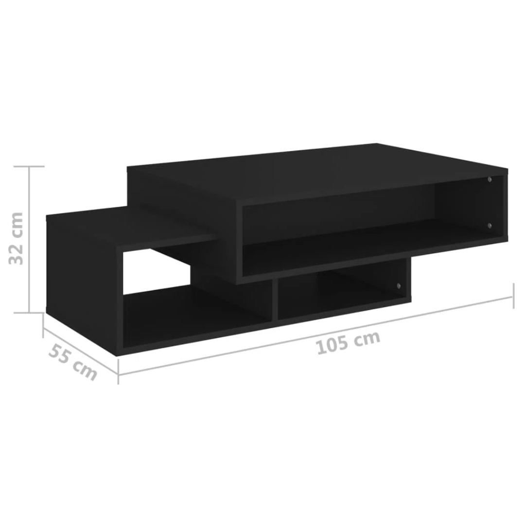 Modern geometric rectangle wood coffee table with open shelves, dimensions.