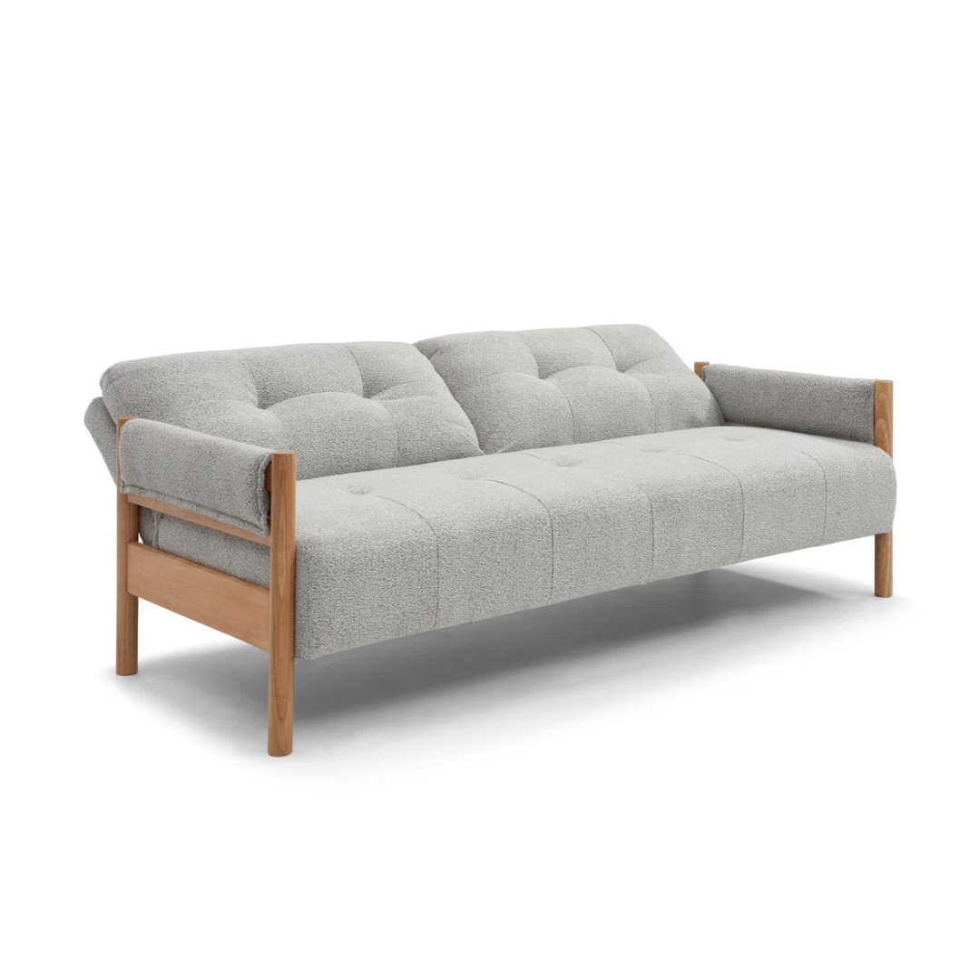 Modern Light Grey Sofa Bed Boucle, white background, front view.