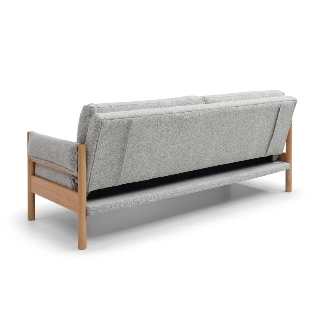Modern Light Grey Sofa Bed Boucle, white background, back view.
