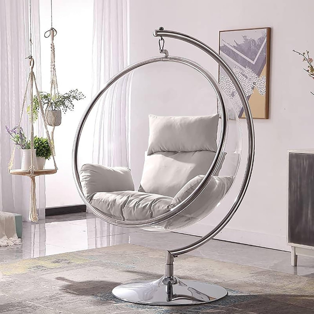 Modern Luxury Glass Egg Hanging Chair With Stand, set in a modern home.