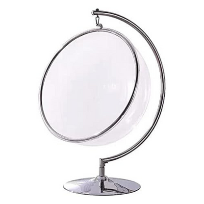 Modern Luxury Glass Egg Hanging Chair With Stand, white background.
