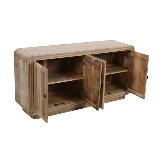 Modern Mango Wood Sideboard With Storage, angled view, white background, with doors open to show storage space.