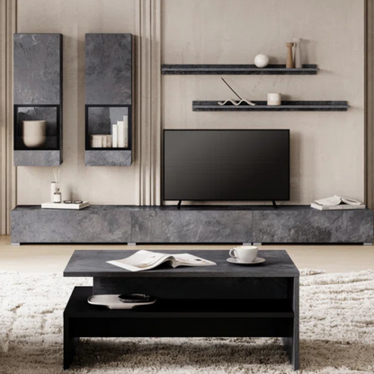 Rectangular marble effect coffee table with open shelf, set in a modern home.