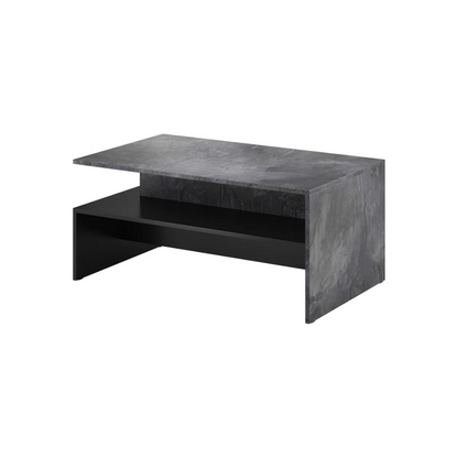 Rectangular marble effect coffee table with open shelf, white background, angled view.