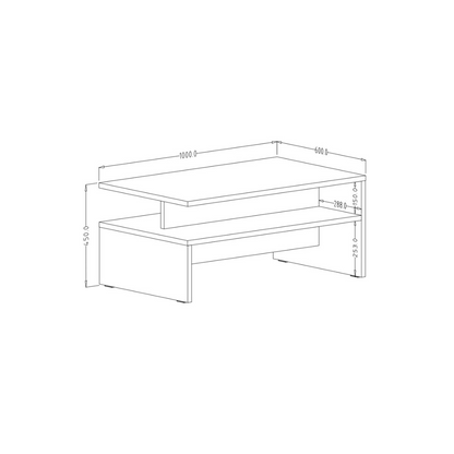 Rectangular marble effect coffee table with open shelf, dimensions.