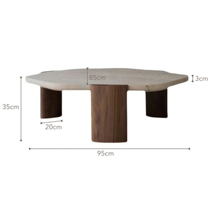 modern marble luxury coffee table with sculpted wood legs, dimensions.