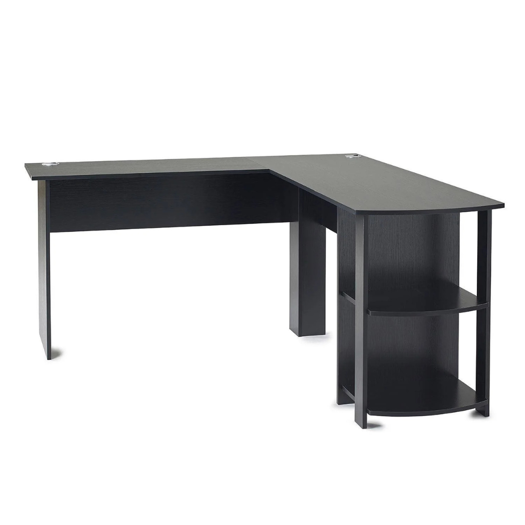 Modern Office L-Shape Desk With Storage, side view, white background.