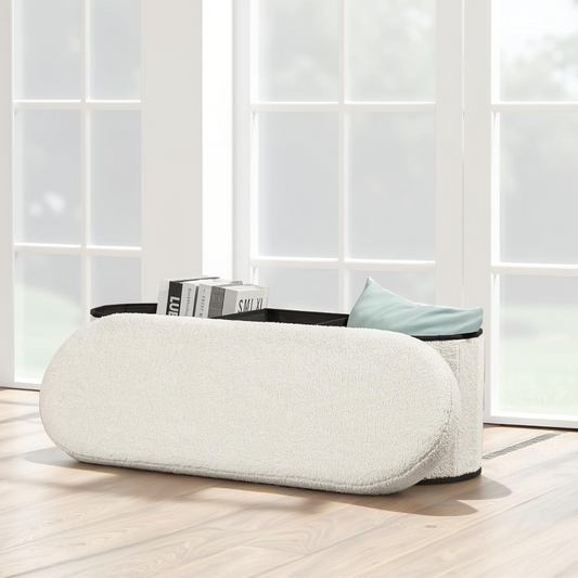 Modern Oval Boucle Storage Ottoman, white, set in a modern home.