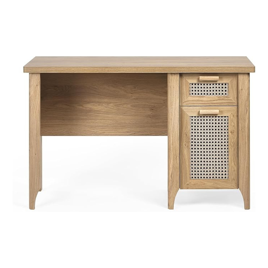 Modern Retro Office Desk Scandinavian, white background, front view.