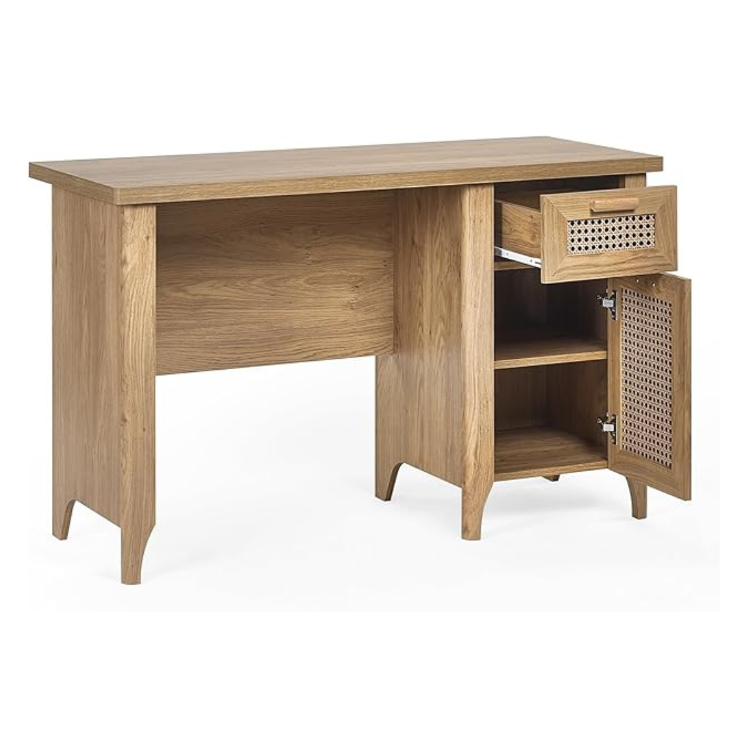 Modern Retro Office Desk Scandinavian, white background with drawers open. 