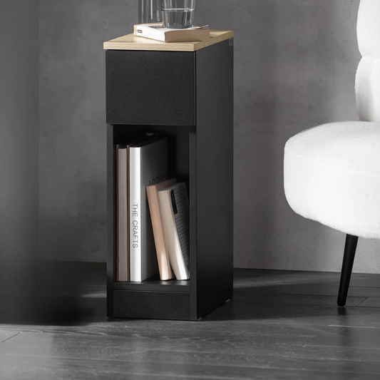 Modern Skinny Bedside Table, set in a model home.