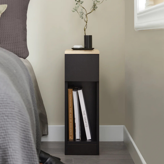 Modern Skinny Bedside Table, set in a model bedroom.