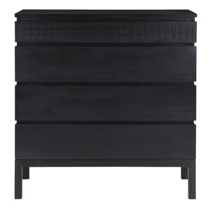 Modern Solid Black Wooden Chest Of Drawers, white background, front view.