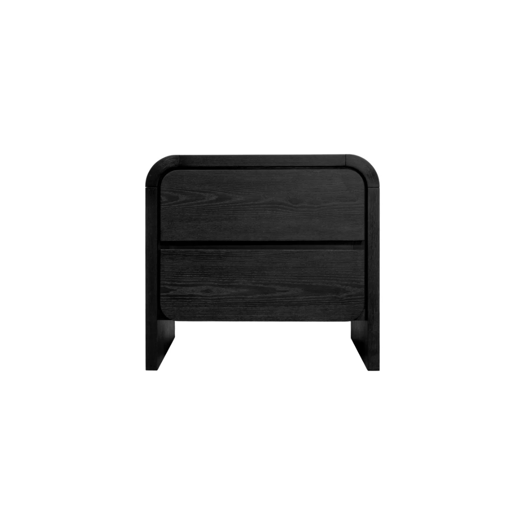Modern Solid Wood Bedside Cabinet Black, white background, front view.