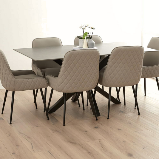 Modern Stone Top Dining Table, with dining chairs.
