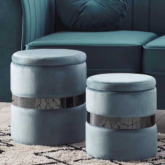 Modern Velvet Ottoman With Storage Set Of 2, blue set in a model home.