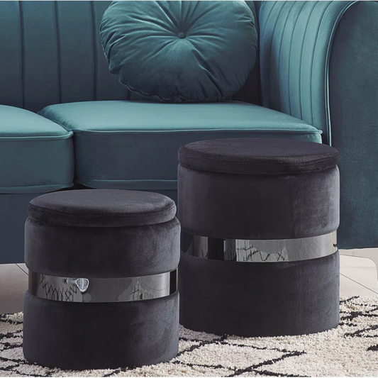 Modern Velvet Ottoman With Storage Set Of 2, black set in a model home.