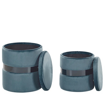 Modern Velvet Ottoman With Storage Set Of 2, blue with lids open.