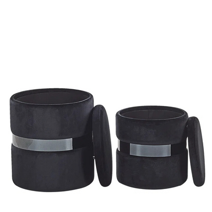Modern Velvet Ottoman With Storage Set Of 2, black, with lids open.