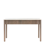 Wooden console table with white marble top on a white background